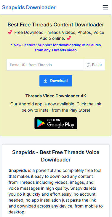 在Android浏览器上打开Snapvids网站