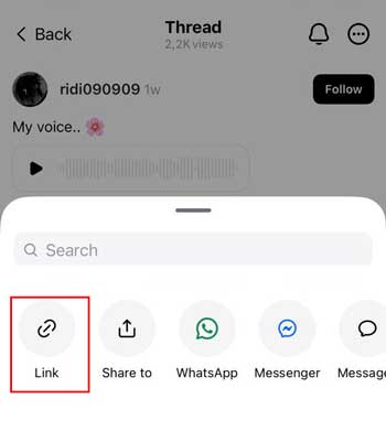 Passaggio 2: copia il link dell'audio di Threads